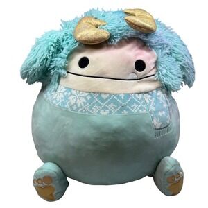 Squishmallow Christmas Joelle Bigfoot with Antlers 16 in Blue‎ Holiday Rare FLAW